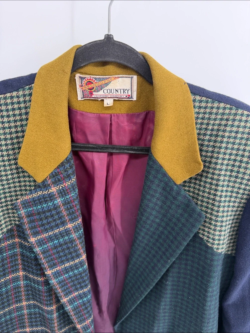 Vintage Melbourne Country wool blend multi plaid houndstooth oversized blazer L